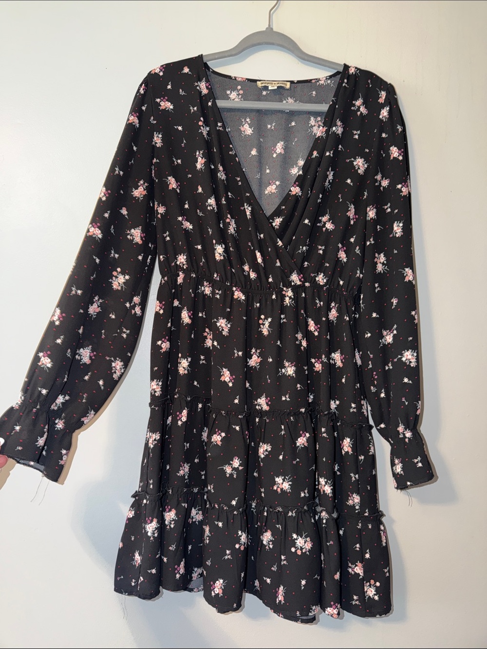Inspired Hearts Black Pink Floral V-Neck Long Sleeve Tiered Mini Dress